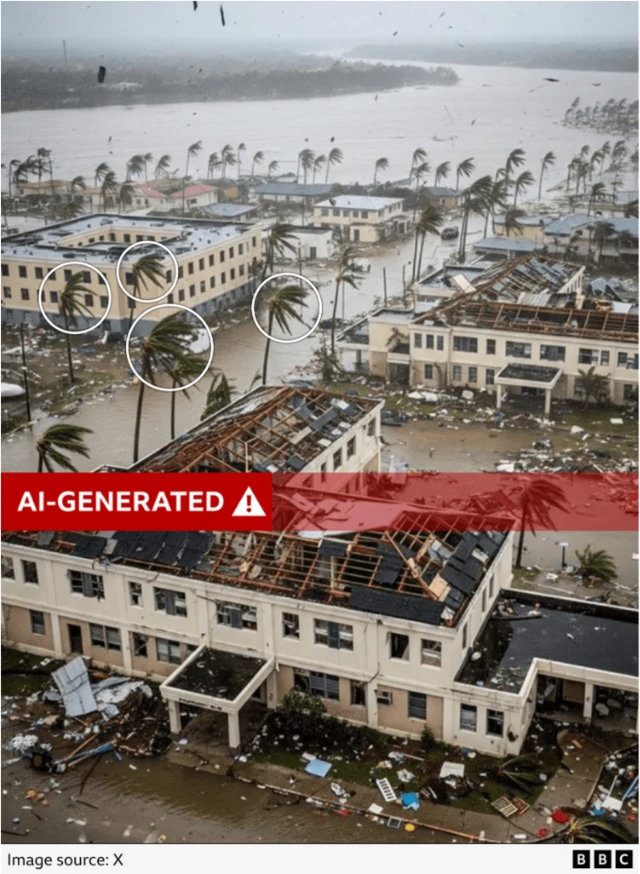 An image showing widespread storm destruction including flood waters and roofs ripped off buildings.