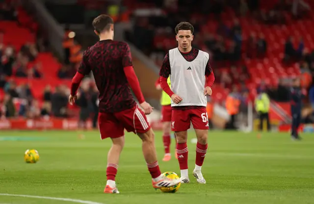 Kieran Morrison of Liverpool warms up prior to the Carabao Cup Fourth Round match between Liverpool and Crystal Palace at Anfield on October 29, 2025 in Liverpool, England.