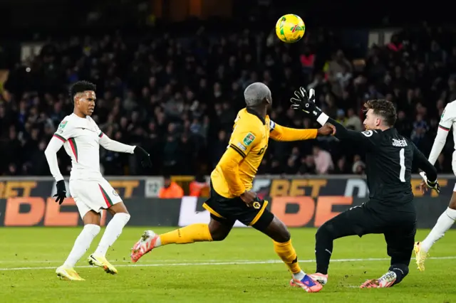 Chelsea's Estevao (left) scores their side's third goal of the game