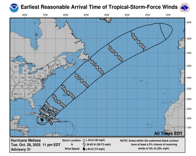 A graphic showing arrival times of the hurricane