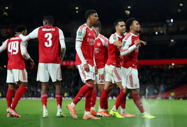 Arsenal's Ethan Nwaneri celebrates scoring their first goal with teammates