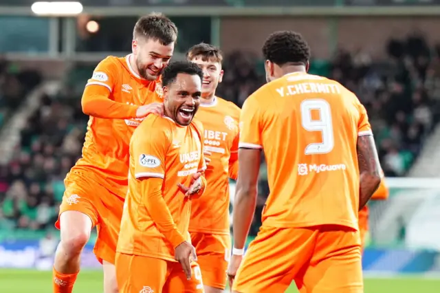 Rangers's Danilo (second left) celebrates scoring their side's first goal of the game during the William Hill Premiership match at Easter Road, Edinburgh