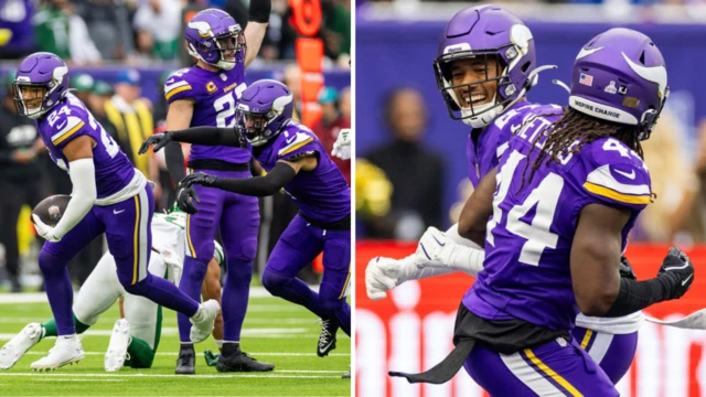 Cam Bynum and Josh Metellus celebrate an interception by the Minnesota Vikings