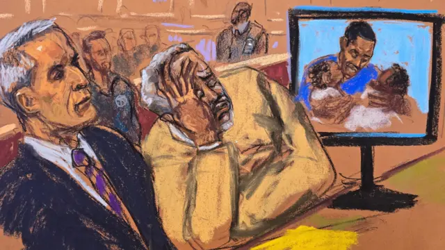 Lawyer is on the left, Combs in yellow sweater with hand on head is in middle, screen where a younger Combs holds two babies is on the right