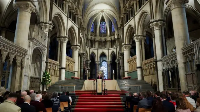 Archbishop of Canterbury-designate Sarah Mullally delivers an address inside Canterbury Cathedral, in Canterbury, Britain,
