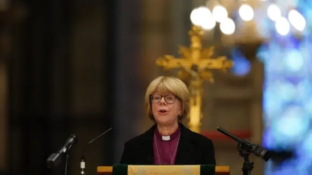 Archbishop of Canterbury-designate Dame Sarah Mulally delivers an address in the Quire of Canterbury Cathedral in Ken