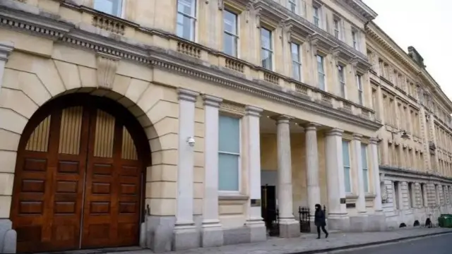 The outside of Bristol Crown Court. A pale and grand-looking building.