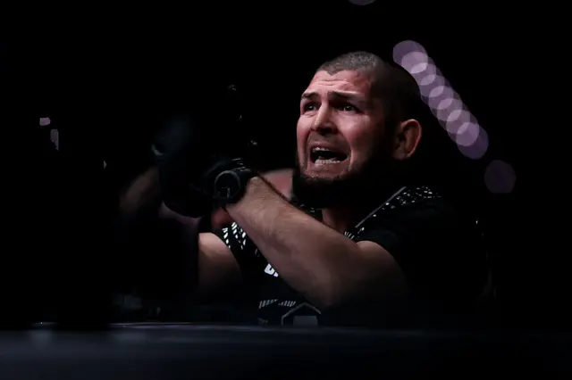 Khabib Nurmagomedov reacting in the corner