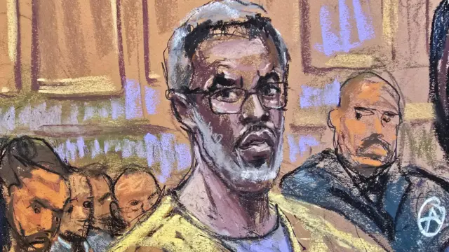 A cartoon sketch of Sean "Diddy" Combs in court