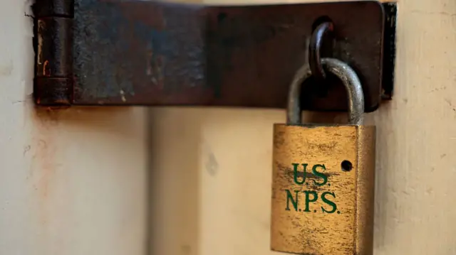 A U.S. National Park Service lock keeps John Brown's Fort shut and secured in the Harpers Ferry National Historical Park Lower Town on October 02, 2025