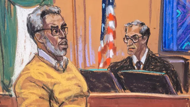 "Sean 'Diddy' Combs gives a statement and Judge Arun Subramanian listens during Combs' sentencing hearing after being convicted of transporting prostitutes for drug-fueled sexual performances, in New York City, U.S., October 3, 2025, in this courtroom sketch.
