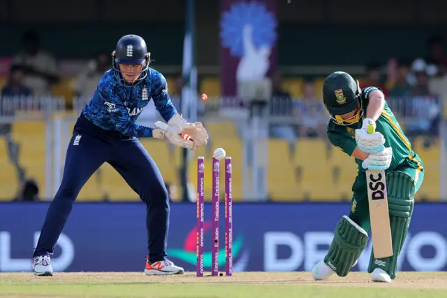 South Africa's Marizanne Kapp is bowled by England's Linsey Smith