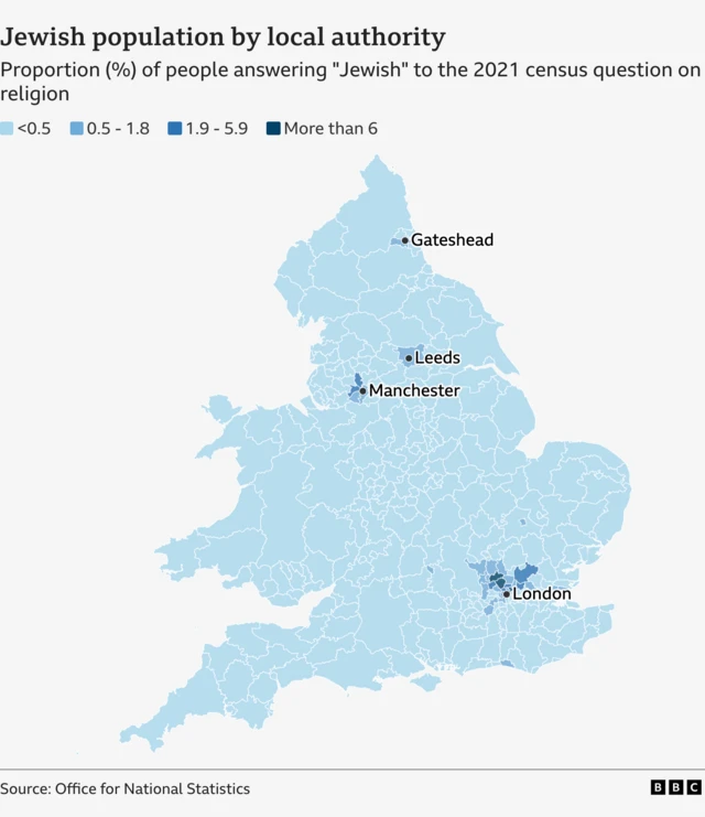 A map of England and Wales showing the Jewish population by local authority which shows concentrations around north London, Greater Manchester, Leeds and Gateshead