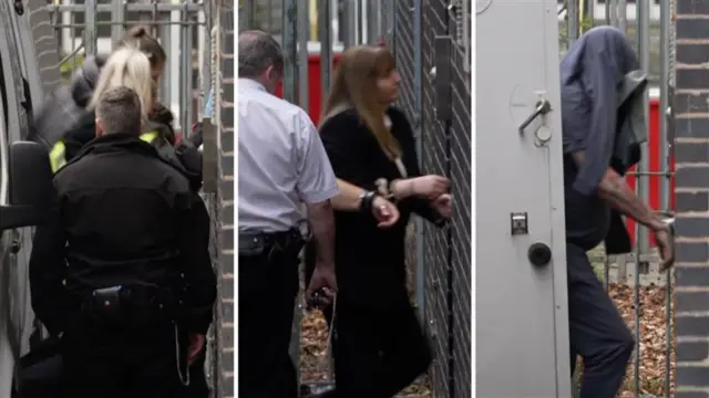 Three images of people arriving in a court building, being ushered out of a white van and into a door in a brick wall. The two lef tones are brunette women, and the one on the right is a man with a coat over his head.