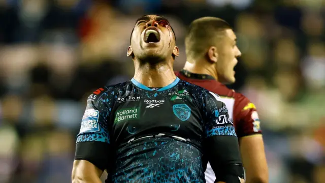 Joe Ofahengaue celebrates for Leigh at Wigan