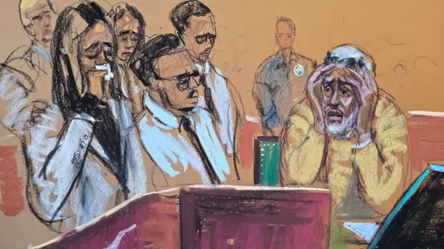 Sketches of his children are in the left side of the image, with a daughter holding a tissue to her nose, while Diddy is in the right side with his hands extended around his face, and a red podium is in the foreground