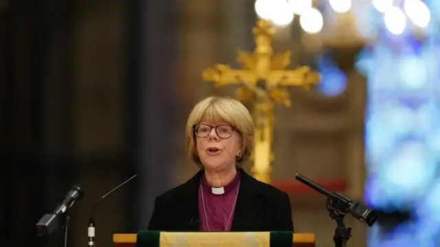 Archbishop of Canterbury-designate Sarah Mullally delivers an address inside Canterbury Cathedral, in Canterbury, Britain, October 3, 2025
