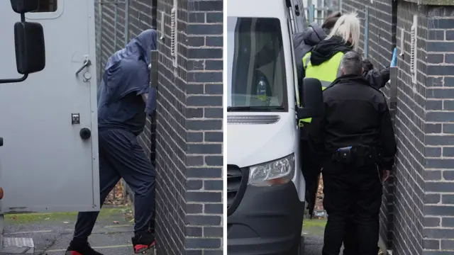 People walking into a brick building from a white vehicle. A composite image of a man wearing black and red shoes, black trousers and top and he is covering his face with a jumper. The next image shows people gathered around a person walking into the building, her long hair is visible and she is wearing a black puffer jacket.
