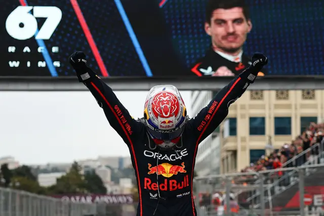 Max Verstappen celebrates winning the Azerbaijan Grand Prix