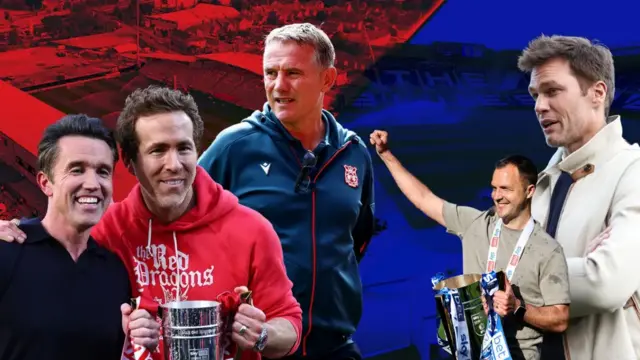 Wrexham owners Rob McElhenney and Ryan Reynolds, Wrexham manager Phil Parkinson, Birmingham manager Chris Davies, Birmingham co-owner Tom Brady