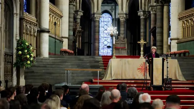 Archbishop of Canterbury-designate Sarah Mullally delivers an address inside Canterbury Cathedral, in Canterbury, Britain,