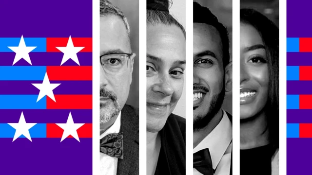 Voter voices graphic with faces of voters - two men and two women