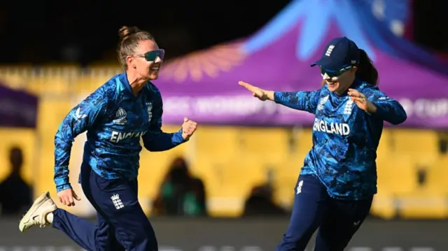 Linsey Smith of England celebrates after taking the wicket of Laura Wolvaardt