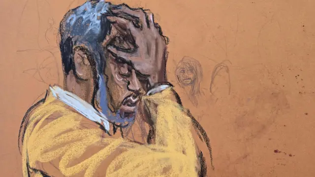 "Sean 'Diddy' Combs says sorry to his family during his sentencing hearing after being convicted of transporting prostitutes for drug-fueled sexual performances, in New York City, U.S., October 3, 2025, in this courtroom sketch. REUTERS/x