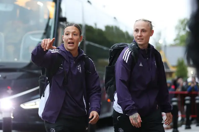 Rachel Williams and Leah Galton of Manchester United arrive at the ground prior to the Barclays Women's Super League match between Manchester United and Chelsea FC at Leigh Sports Village on October 03, 2025 in Leigh, England.