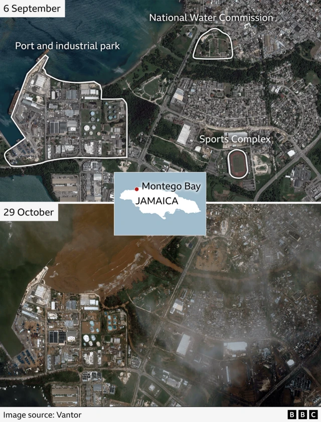 A before and after comparison of satellite pictures of Montego Bay