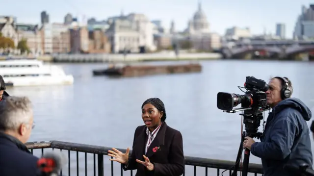 Kemi Badenoch, speaking to the media in London earlier today