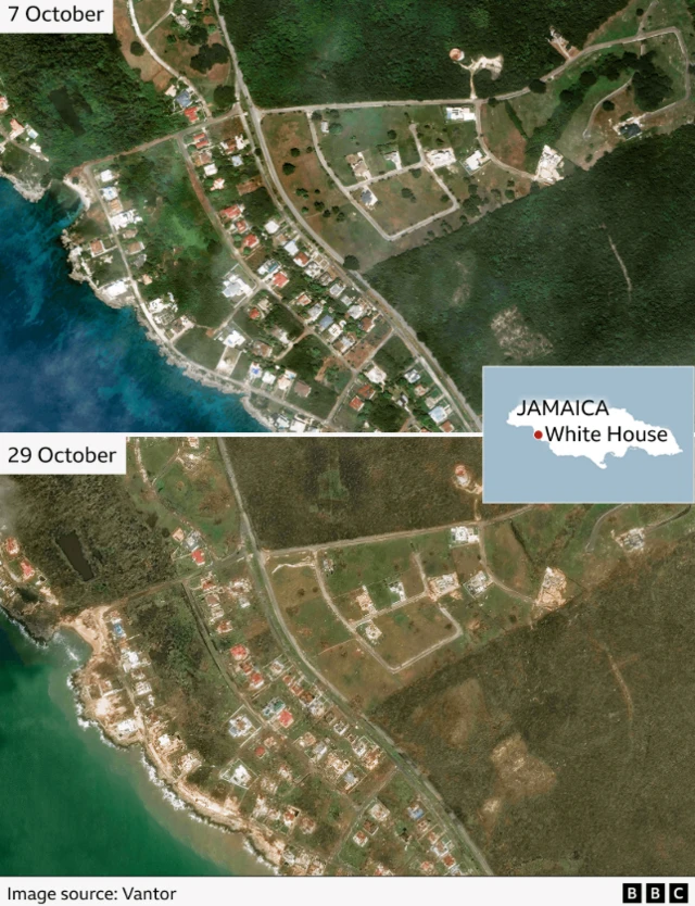 Before and after satellite image showing much of Sandy Ground has been destroyed