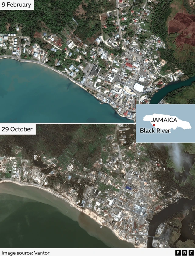 Before and after satellite images of Black River, with the after picture showing huge damage to the town's buildings and the river having flooded.