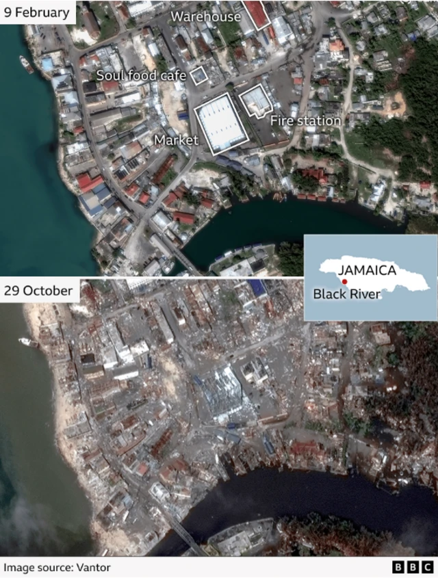 graphic: an image at the top shows an overhead view of the port of Black River, with a warehouse, a soul food cafe, a market and a fire station highlighted. Below, a second image taken on 29 October shows only the foundations of the buildings remain.