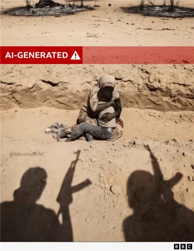 A ai-generated image of a woman holding a young boy while sitting on the ground in a sandy ditch. In the forground are the silhouttes of two men holding assault rifles pointed in the air. In the background are burnt-out circles on the ground with debris.