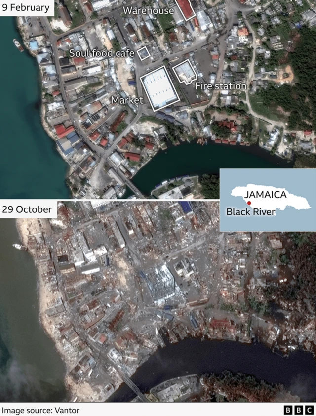 Before and after satellite images of Black River, with the after picture showing huge damage to the town's buildings.