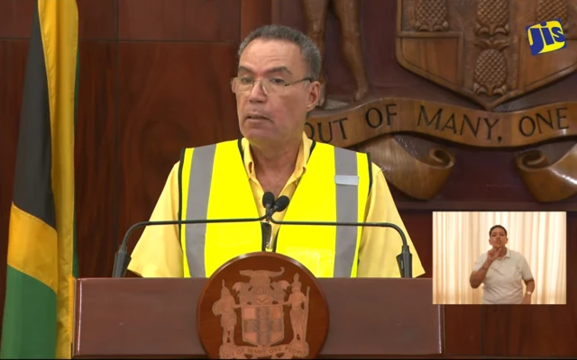 Daryl Vaz in a high vis jacket speaking into a microphone.