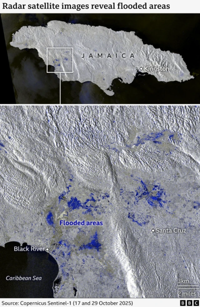 SAR map of Jamaica showing flooded areas