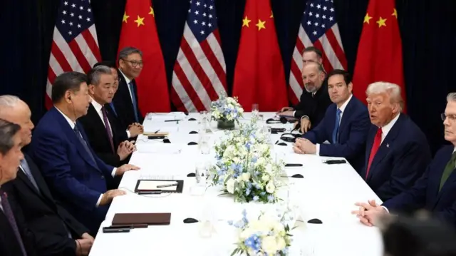 U.S. President Donald Trump and Chinese President Xi Jinping hold a bilateral meeting at Gimhae International Airport