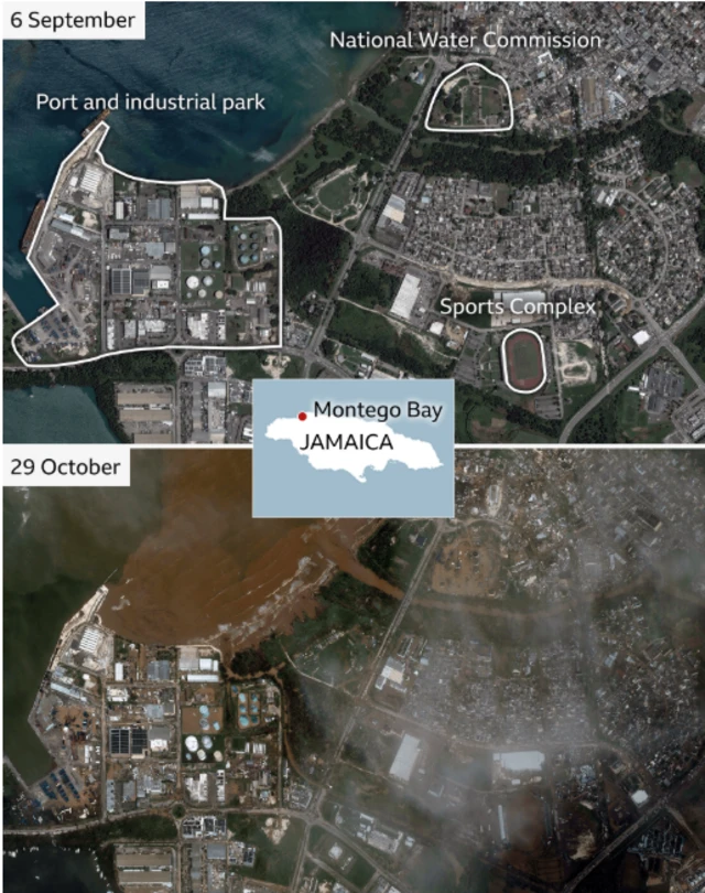 Two stacked images show a birdseye view of Montego Bay, on Jamaica's northwest coast, before and after Hurricane Melissa hit. The first image highlights a port and industrial park, the National Water Commission property and a sports complex. The second shows extensive flooding and damage to the properties.