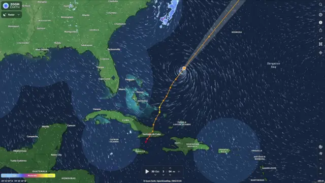A map showing a center of a storm over the Atlantic Ocean to the north east of Cuba