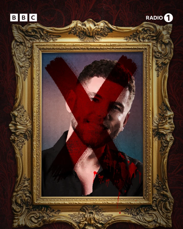 Portrait of Dean in a gold, Traitors-style photo frame with red cross over his face