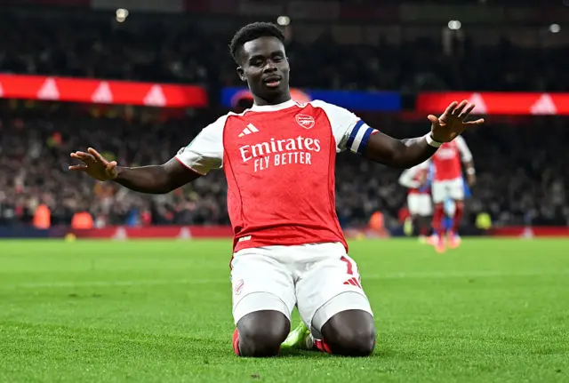 Bukayo Saka scores against Brighton in the Carabao Cup