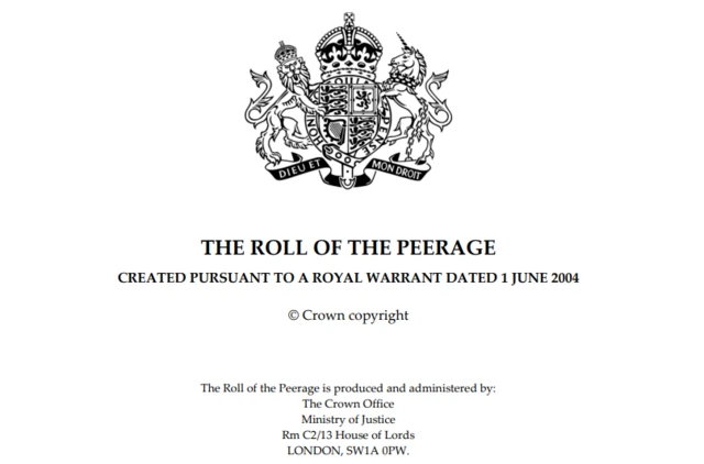 A screenshot of the official roll of the peerage