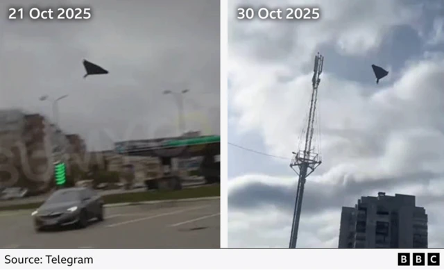 A side-by-side comparison of screengrab from the two videos of drones flying in the air