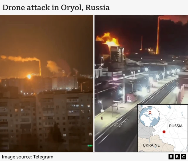 A side-by-side of screengrabs from the two videos showing large explosions near a power plant