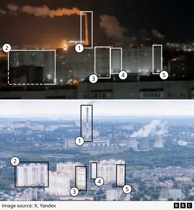 A screenshot from a video showing how BBC Verify geolocated a strike on a Russian power plant. Distinctive landmarks, like a cooling tower, are marked and compared with verified images of the area.