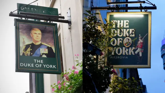 A composite image of the old pub sign, bearing Andrew's name, and the new sign which has a historical illustration