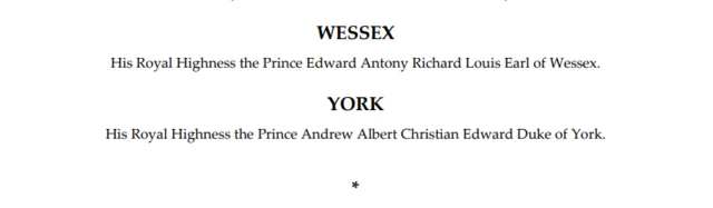 An entry from the roll of the peerage shows Andrew's name, with his former title of Duke of York