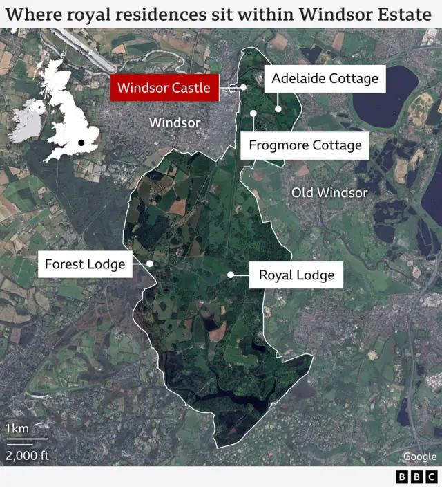 Map showing the location of royal residences in the Windsor Estate, including Royal Lodge and Forest Lodge
